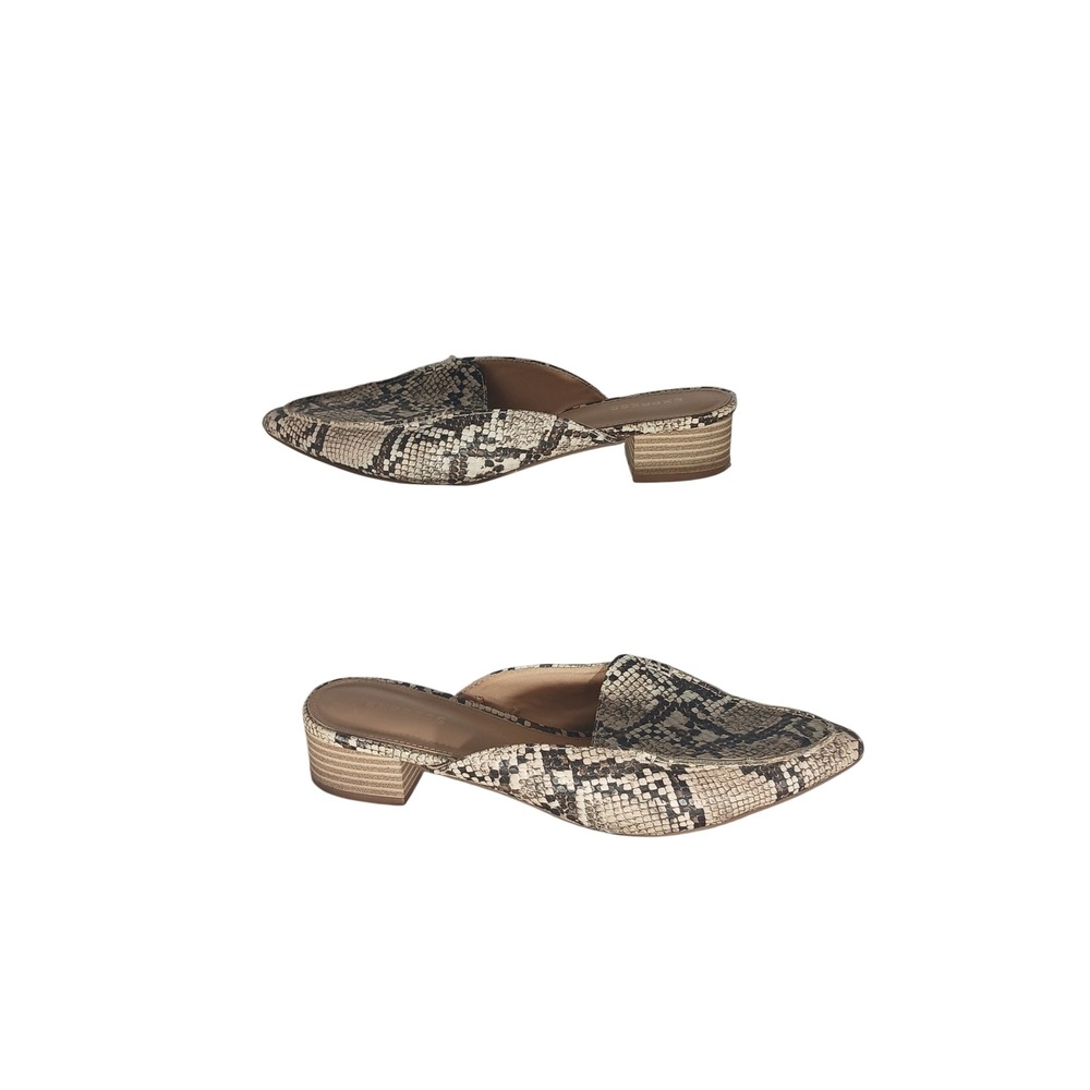 Express Snakeskin Mules 7 Cream Black Pointed Toe Block Heel Animal Print Chic